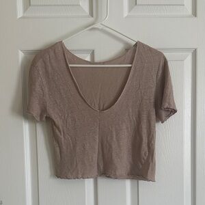 Casual V-Neck Crop Top - Brown/pink linen, off shoulder